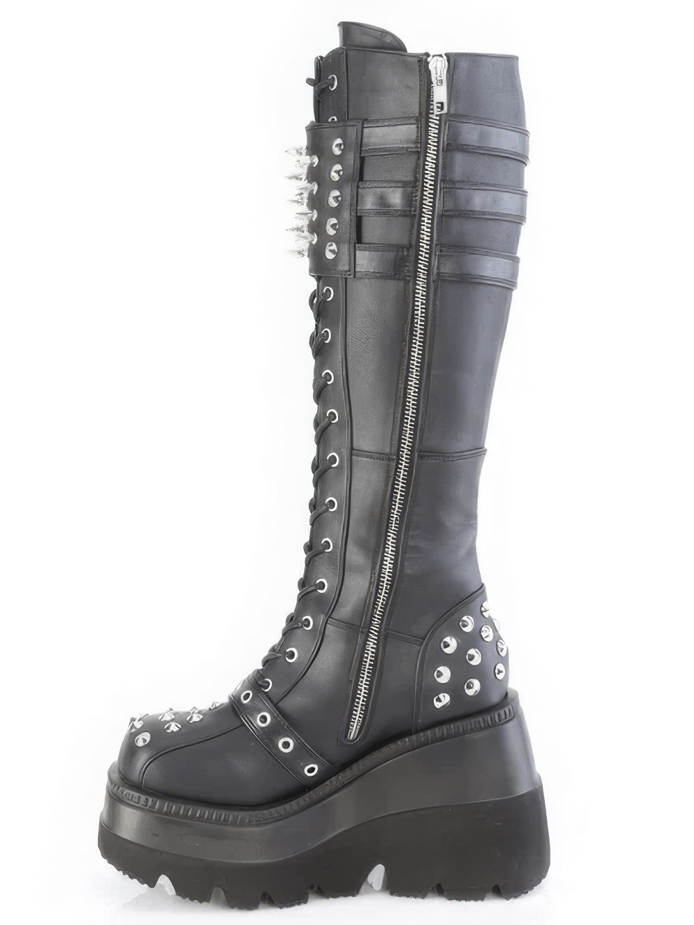 Bold Demonia black knee-high lace-up platform boots with spikes and buckles, featuring a full-length zip for easy wear.