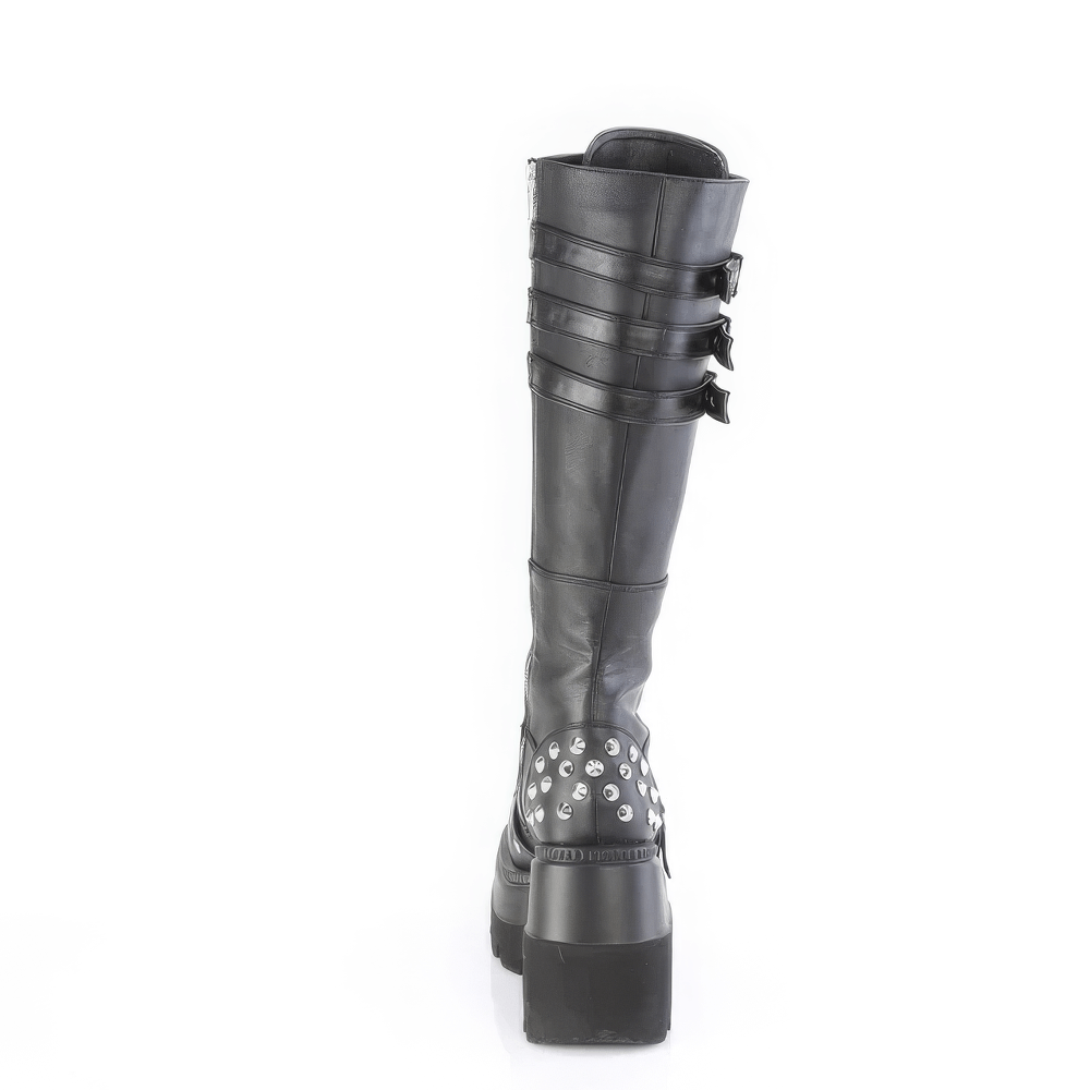 Demonia black knee-high lace-up boots featuring triple buckle design and spiked shield for a bold, edgy style.