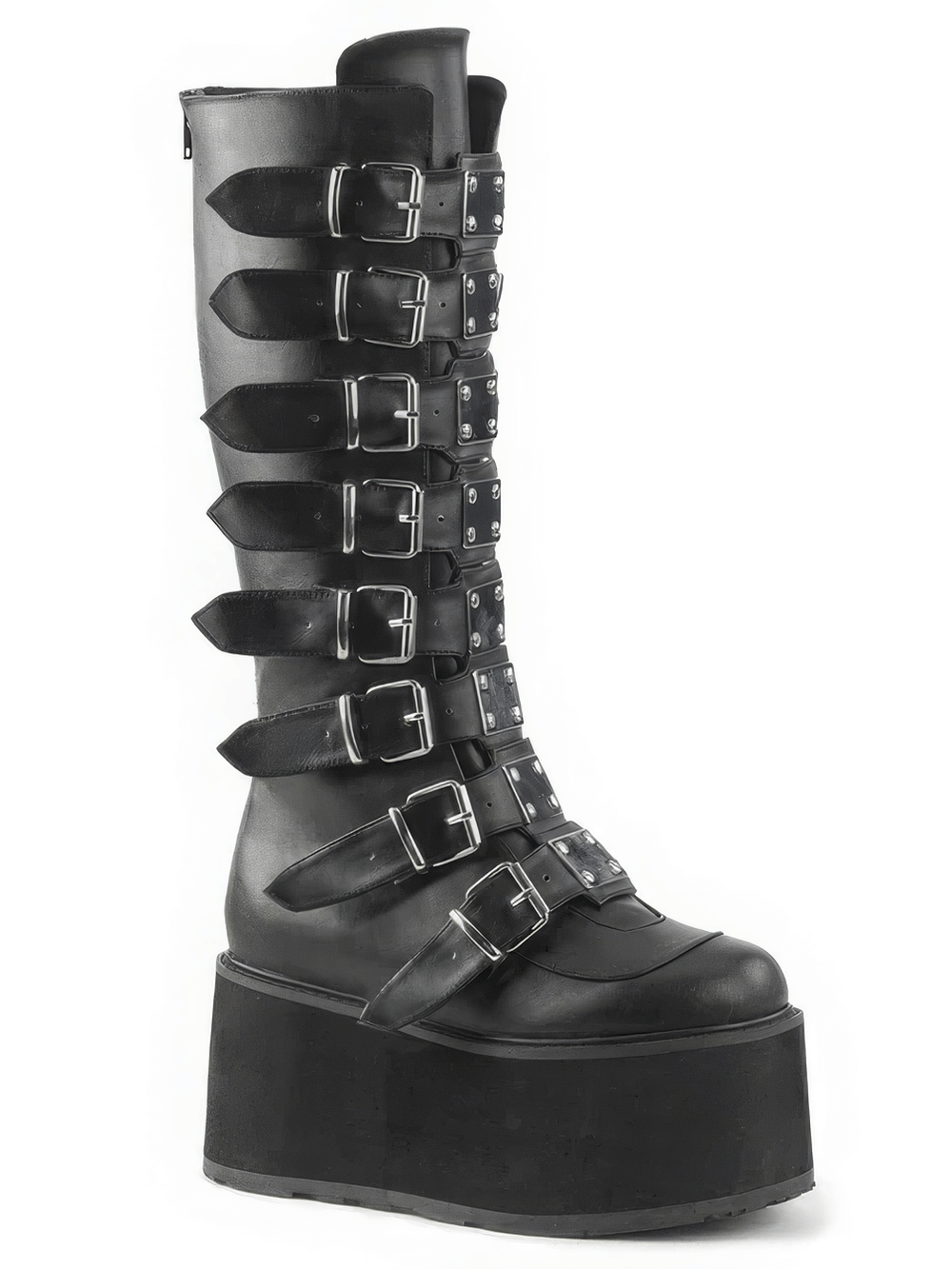 DEMONIA Black Knee High Platform Boots with Buckle Straps