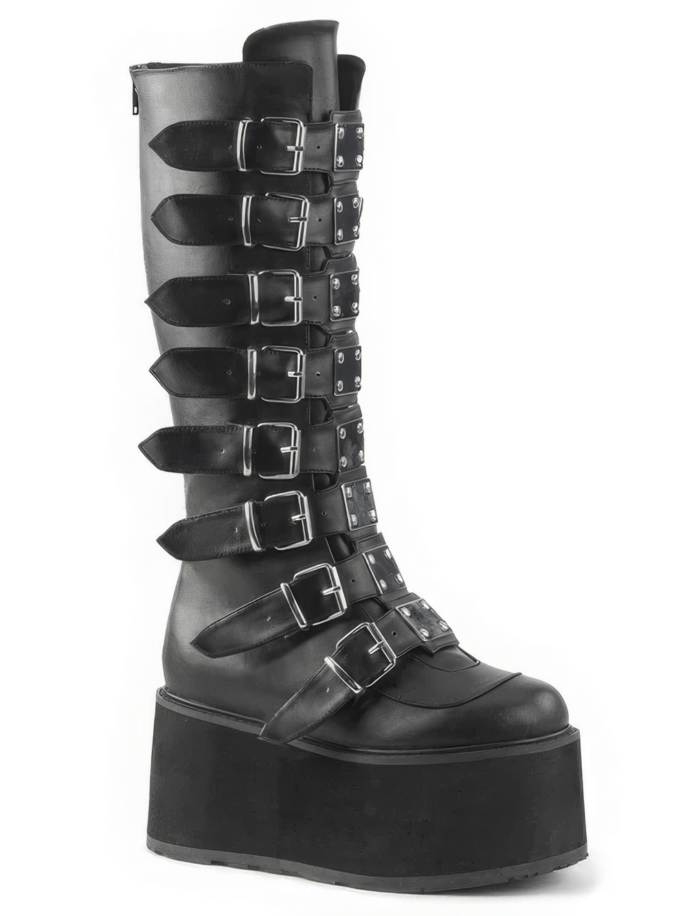 Demonia black knee-high platform boots with buckle straps and chrome hardware, perfect for gothic fashion lovers.