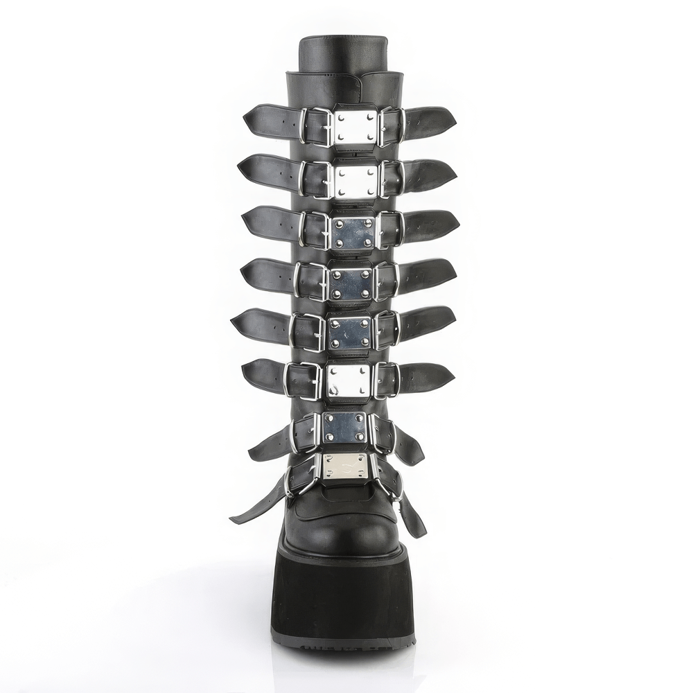Demonia black knee-high platform boots featuring chrome-plated buckles and a stylish design, perfect for gothic wear.