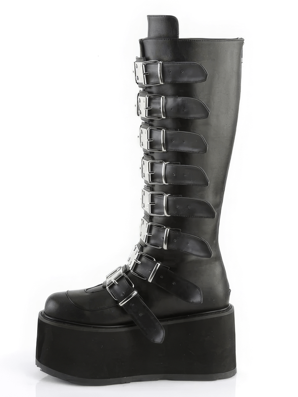 DEMONIA Black Knee High Platform Boots with Buckle Straps
