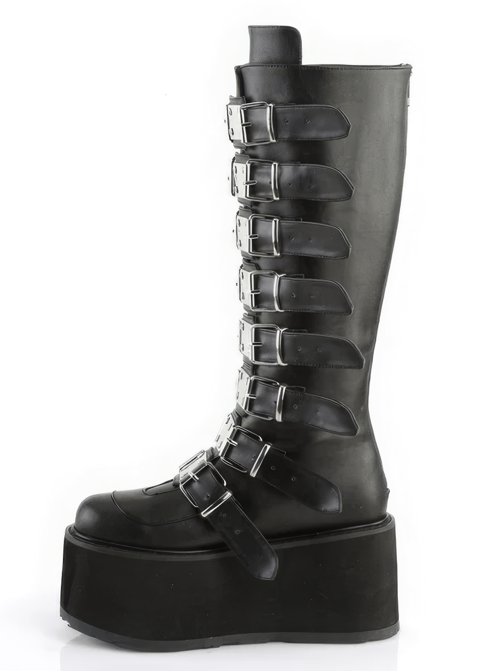 Demonia black knee-high platform boots with buckle straps, perfect for gothic and alternative fashion.