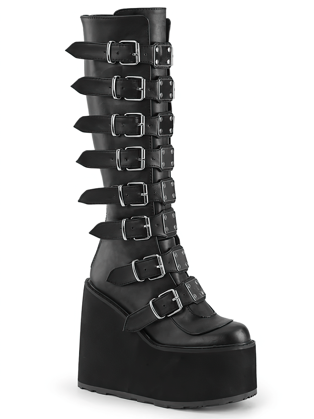 Demonia black knee-high platform boots with buckles, stylish gothic footwear with a 5.5-inch wedge heel.