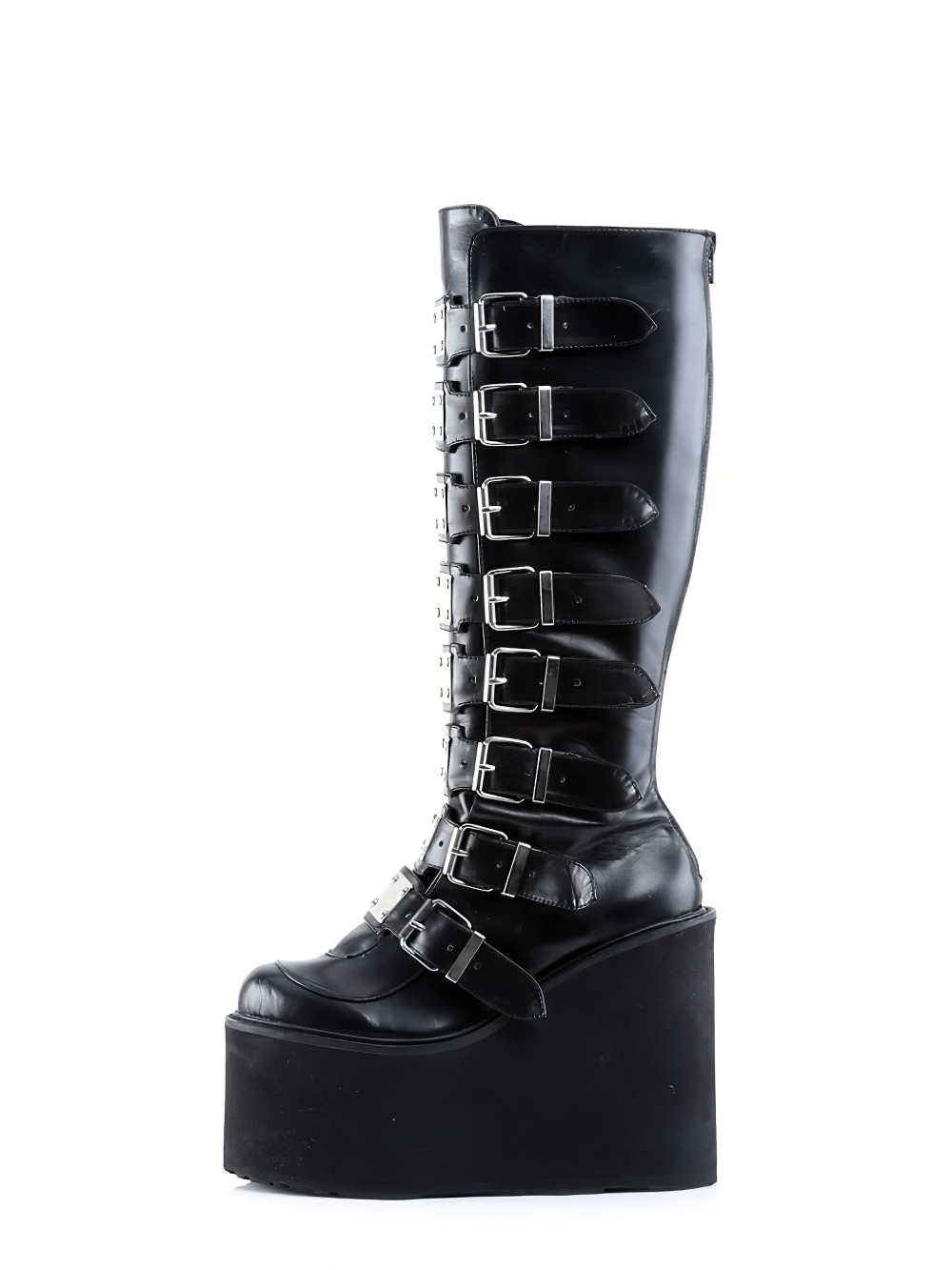 Demonia knee-high black platform boots with buckles for a bold punk style statement.