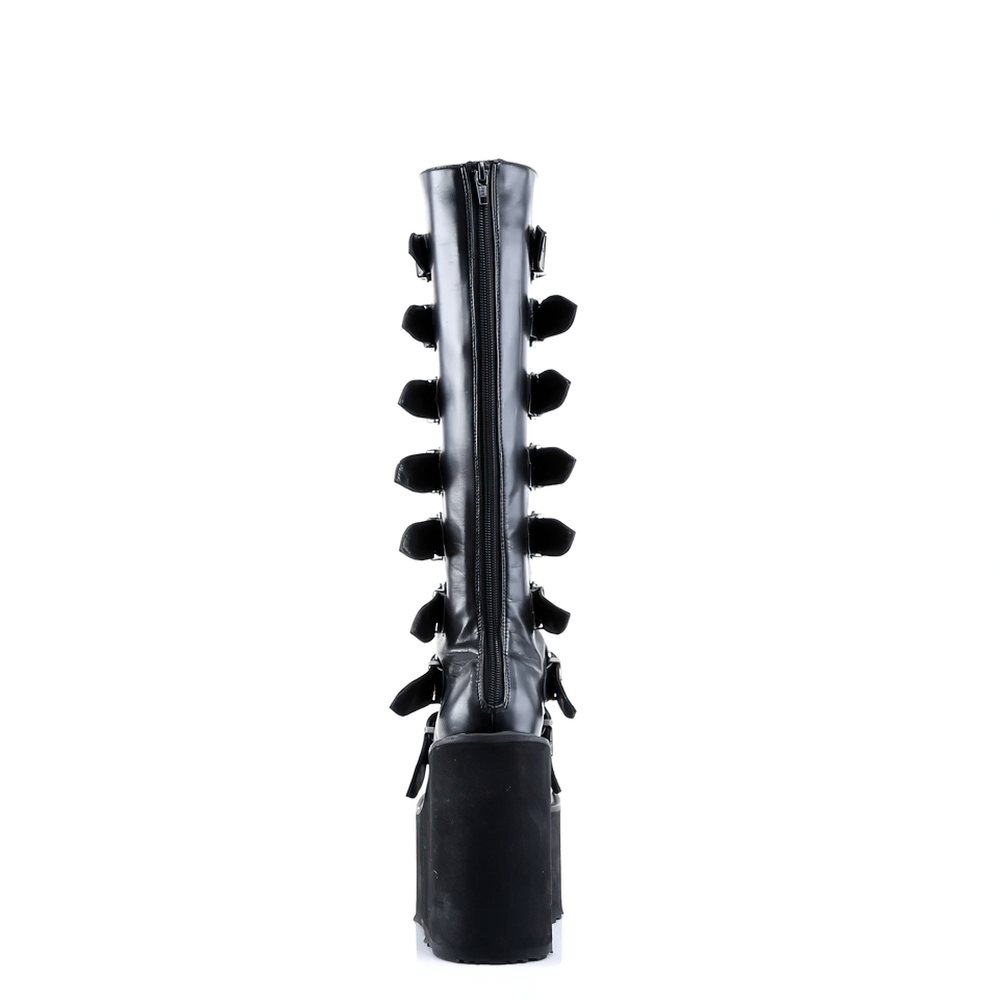 Demonia black knee-high platform boots with buckles, showcasing stylish design and towering wedge heel.