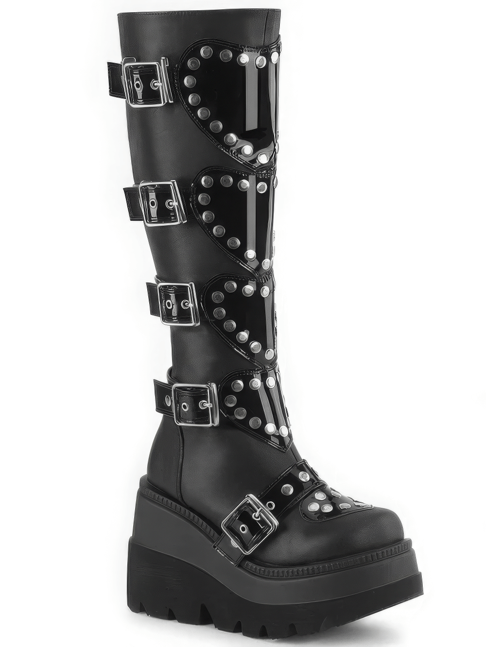DEMONIA Black Knee-High Platform Boots with Heart Shields
