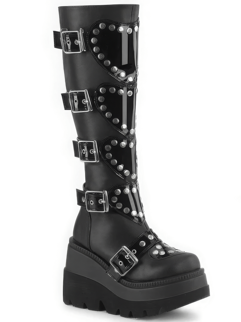 Demonia black knee-high platform boots with heart shields and studs, featuring a 4.5-inch platform and metal zippers.