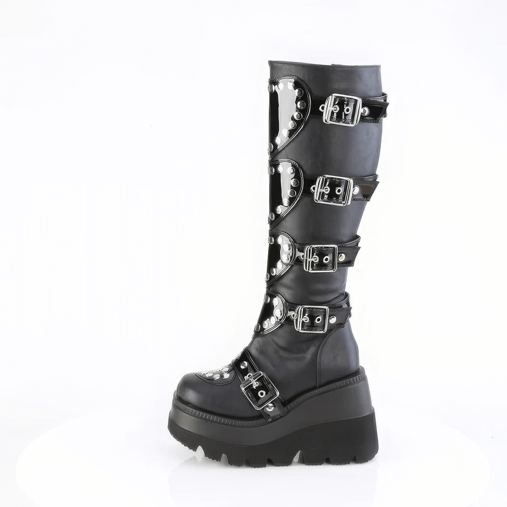 Demonia black knee-high platform boots with heart shields and studs, showcasing gothic-inspired design and sturdy platform.