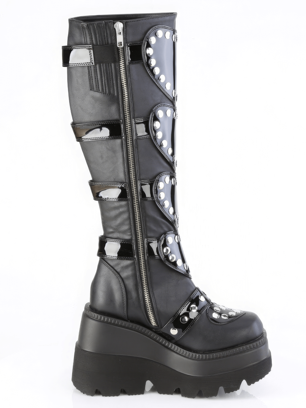 DEMONIA Black Knee-High Platform Boots with Heart Shields