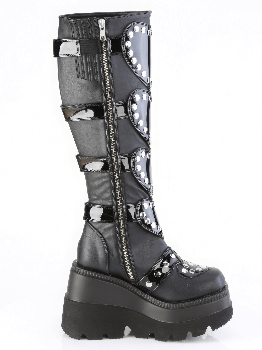 Black knee-high platform boots with heart shields and studs, featuring a stylish zipper and sturdy platform.