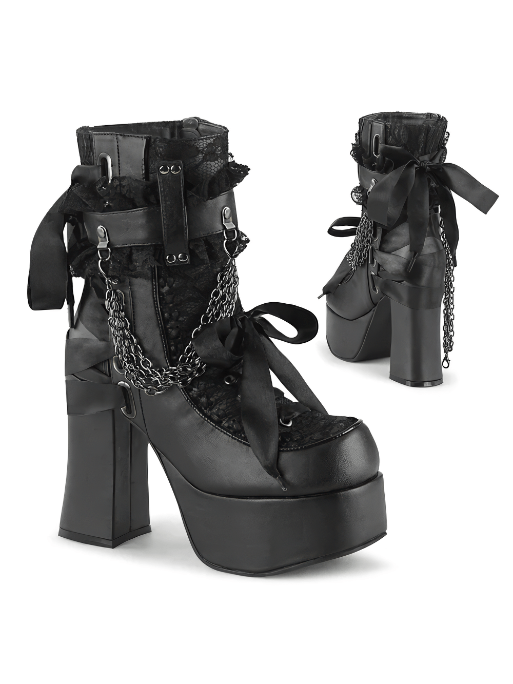 Demonia black lace ankle boots with chunky block heel, chain detail, satin ribbons, and ruffled strap for a gothic look.