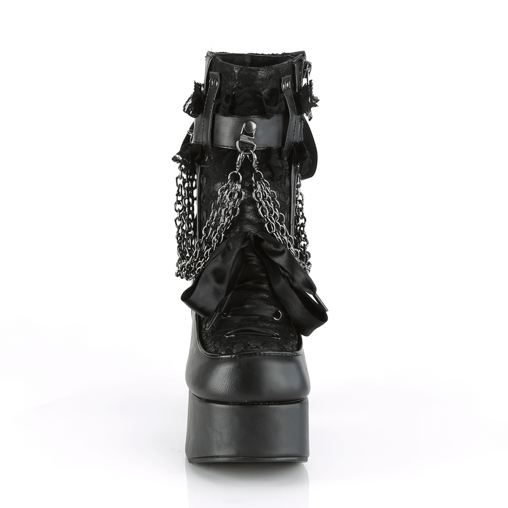 DEMONIA Black Lace Ankle Boots with Chain and Ribbon Detail