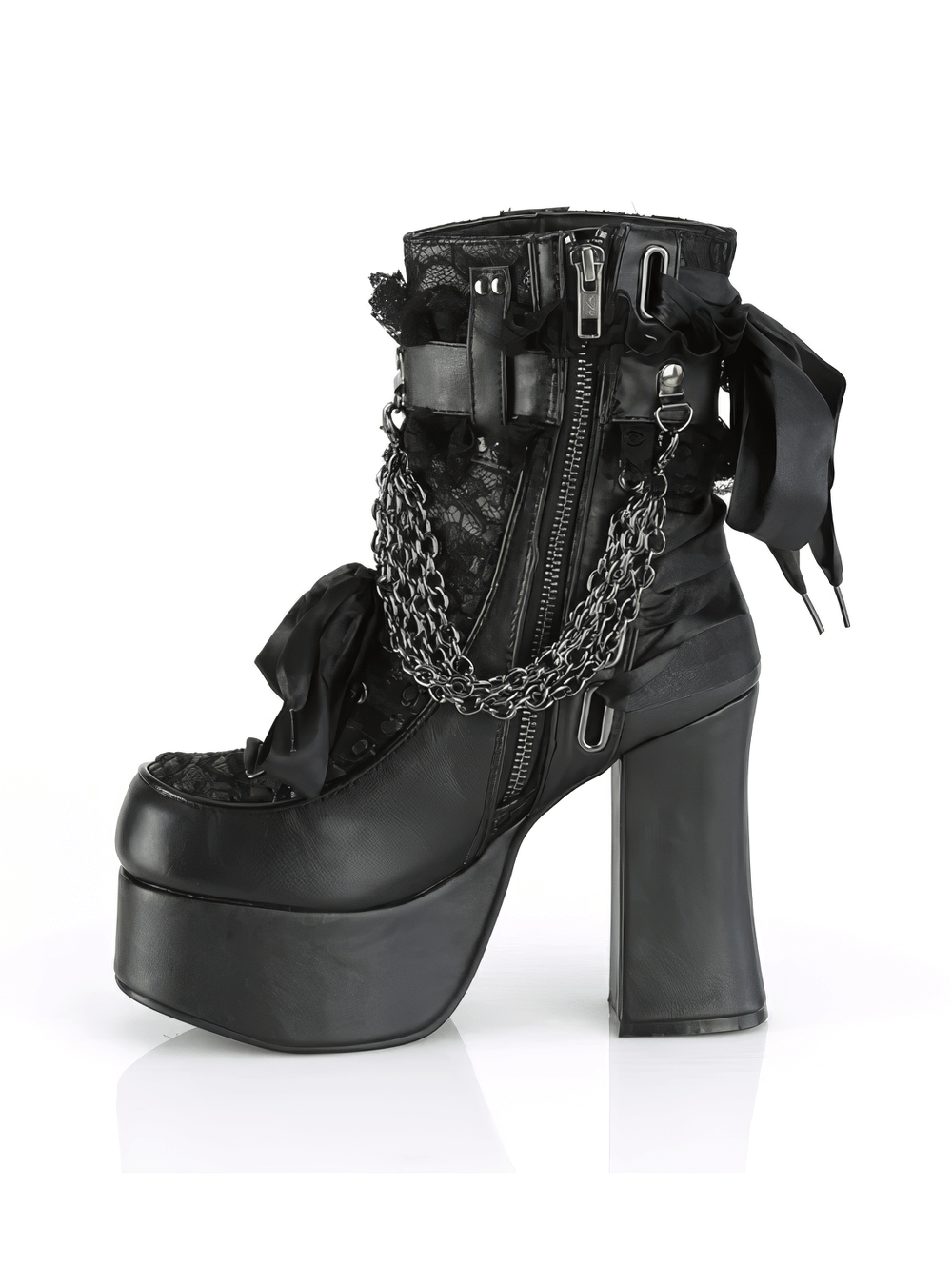DEMONIA Black Lace Ankle Boots with Chain and Ribbon Detail