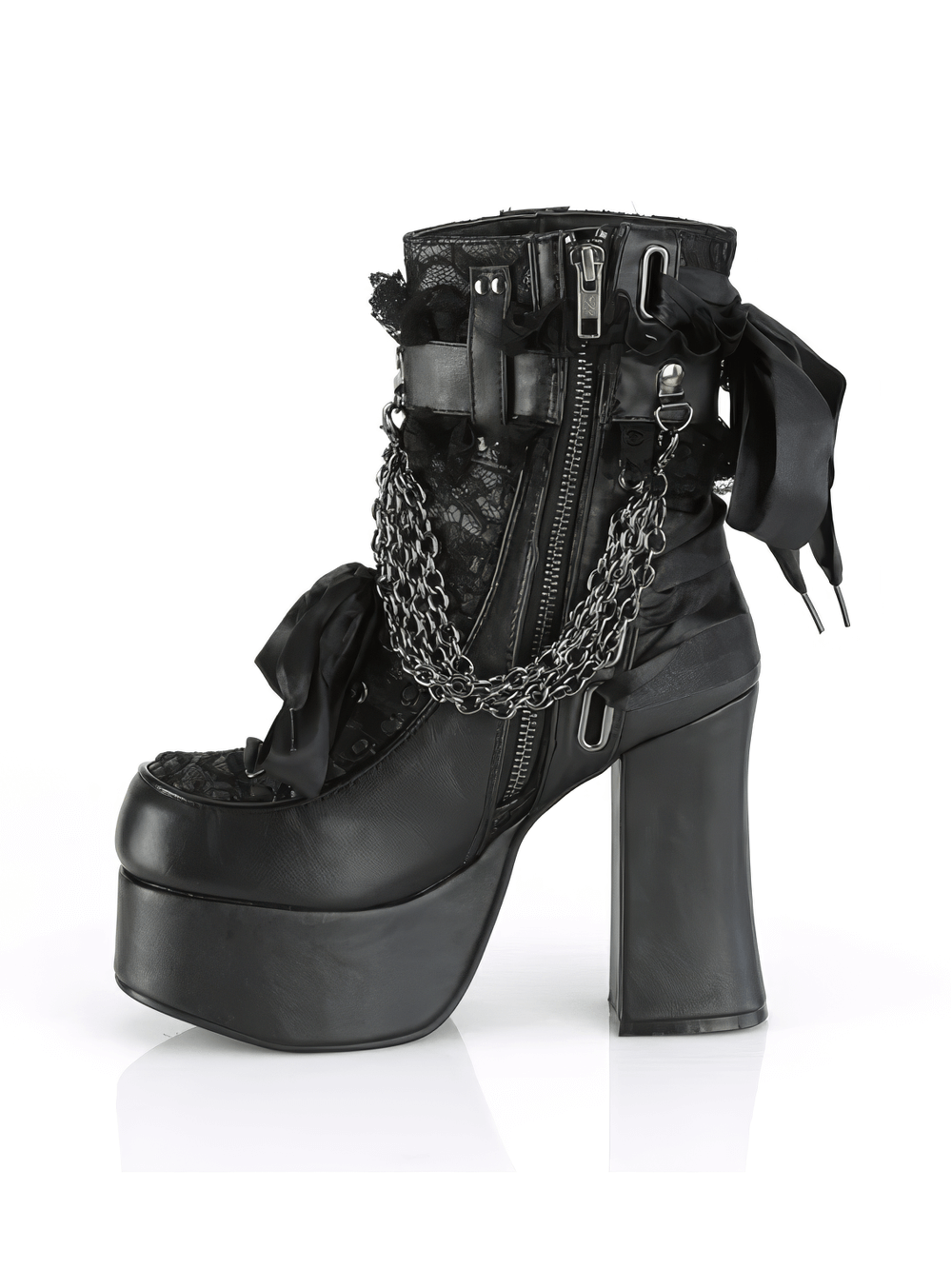 Demonia black lace ankle boots with chain and ribbon detail, featuring a block heel and ruffled strap.