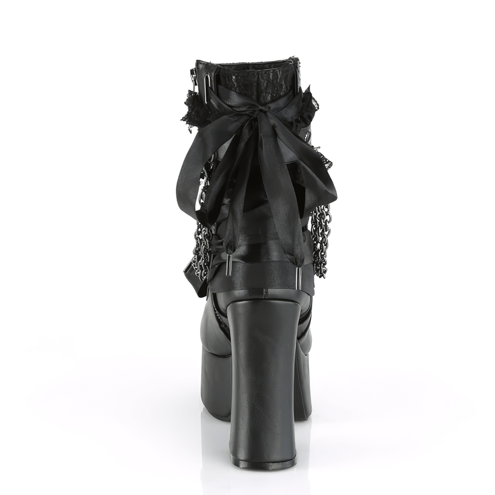 Back view of DEMONIA black lace ankle boots featuring satin ribbons and chain details, perfect for gothic fashion.