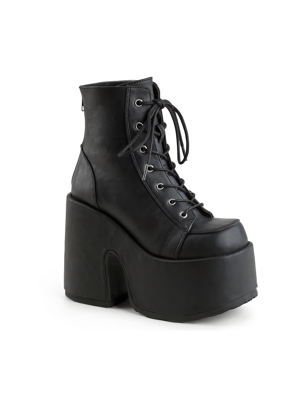 Demonia black lace-up ankle boots with chunky 5" heel and 3" platform, stylish vegan leather design.