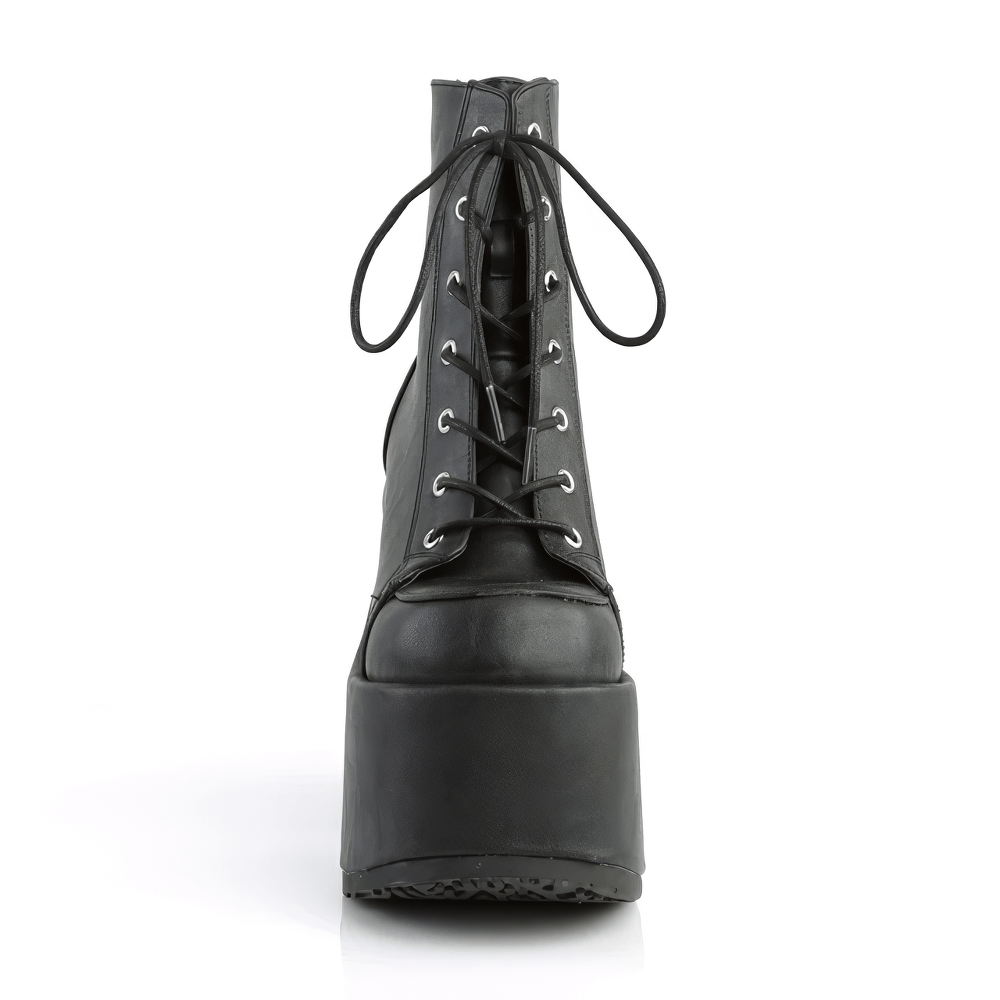 Front view of DEMONIA black lace-up ankle boots with chunky platform heel in vegan leather.
