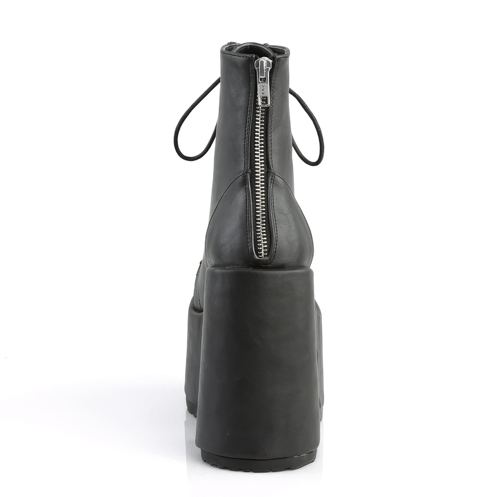 Back view of DEMONIA black lace-up ankle boots with chunky heel and metal zip for easy wear.