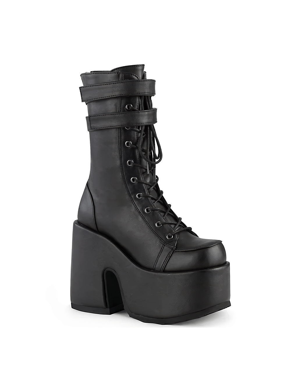 Demonia black lace-up mid-calf boots with chunky heel and dual straps for bold fashion and comfort.