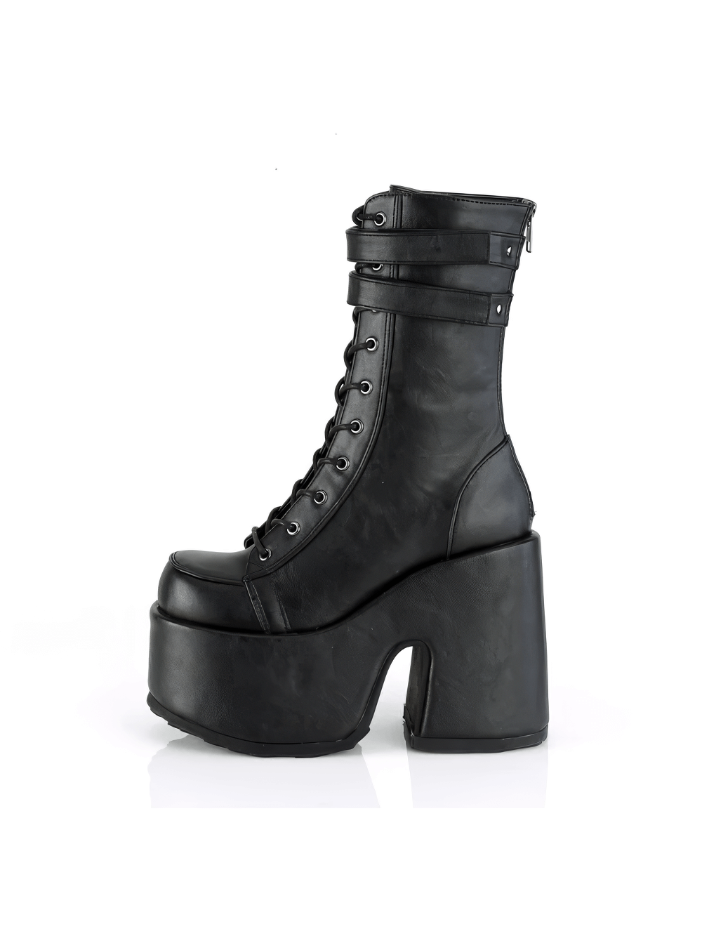 Demonia black lace-up mid-calf boots with chunky heel and dual straps for bold style.