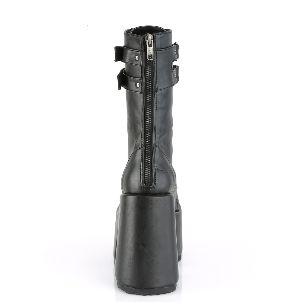 Back view of DEMONIA black lace-up mid-calf boots with chunky heel and dual adjustable straps.