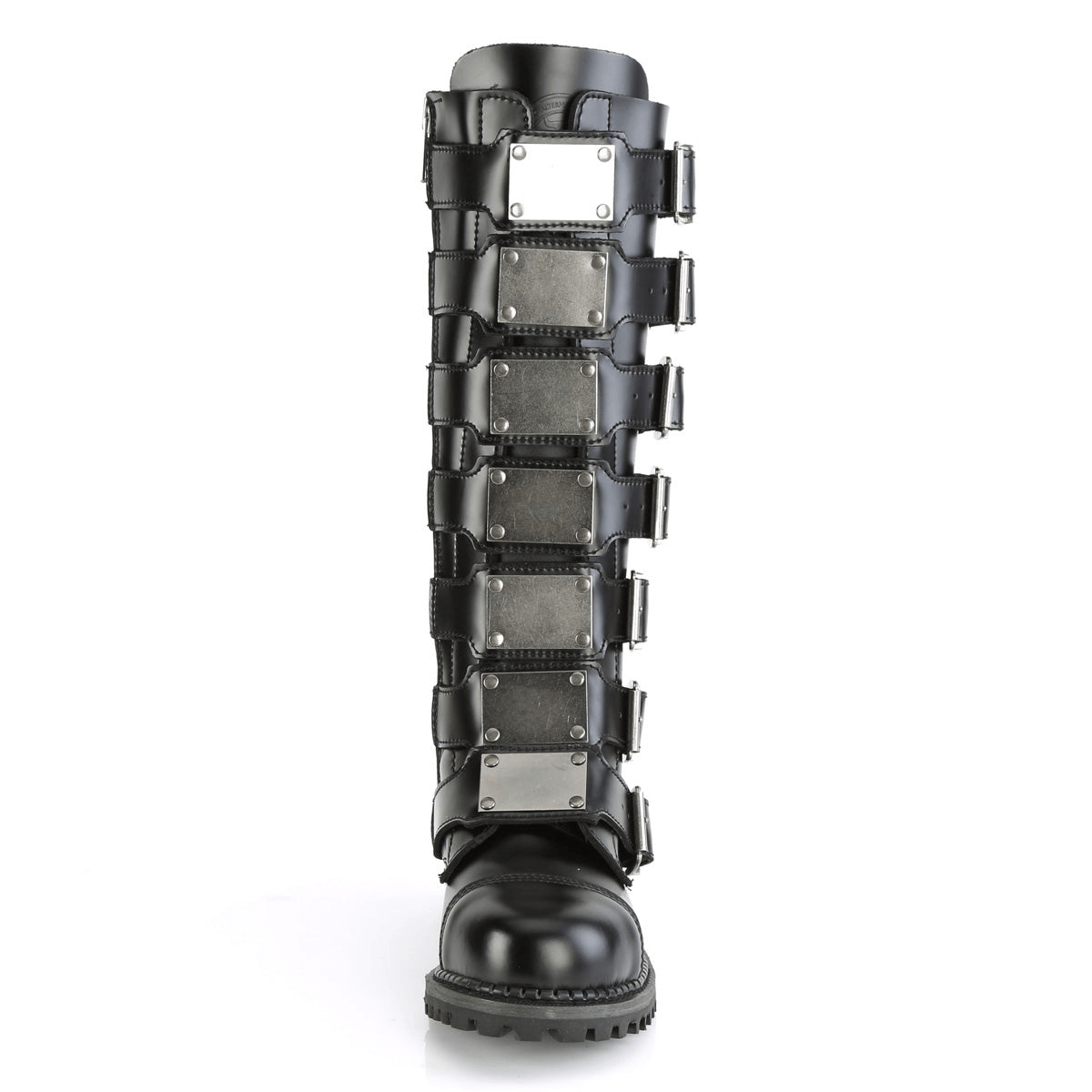 Demonia black leather steel toe knee boots with buckles and metal plate detailing.