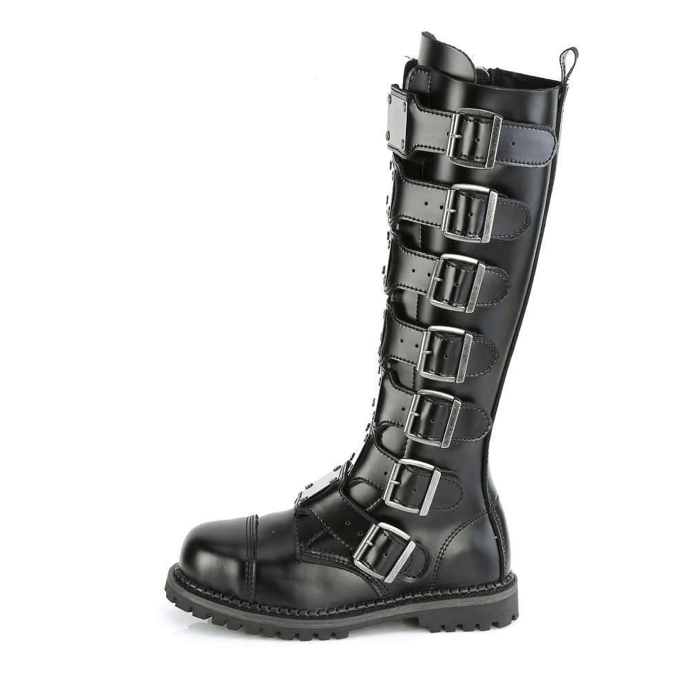 Demonia black leather knee boots with steel toe and multiple buckle straps for a punk-inspired look.