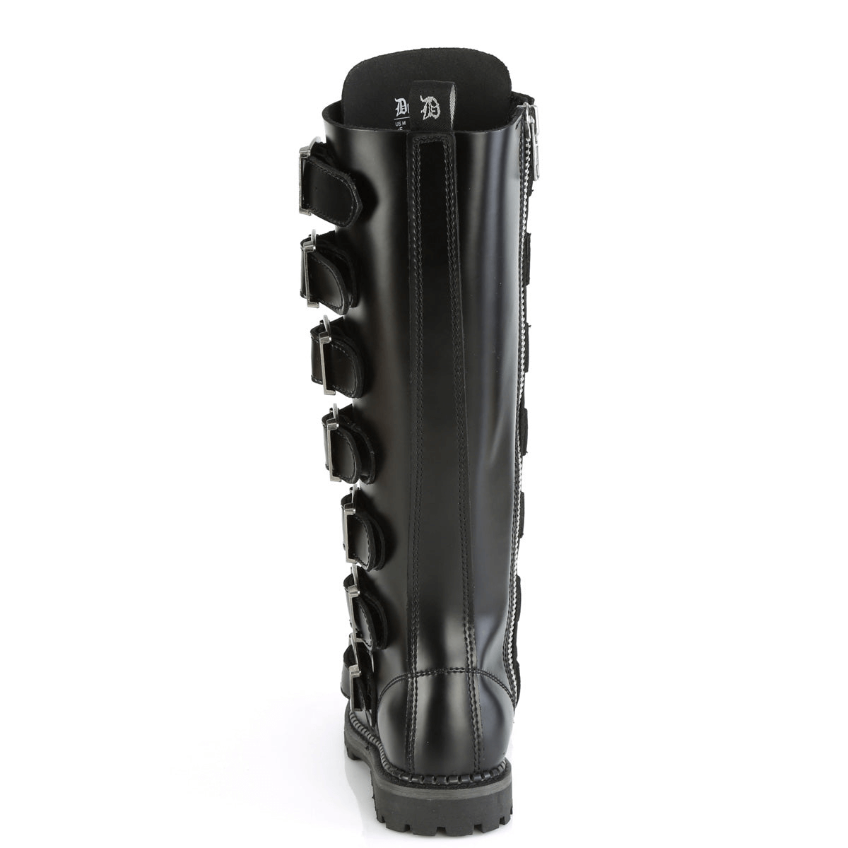 Back view of Demonia black leather knee boots featuring multiple buckle straps for a customizable fit.