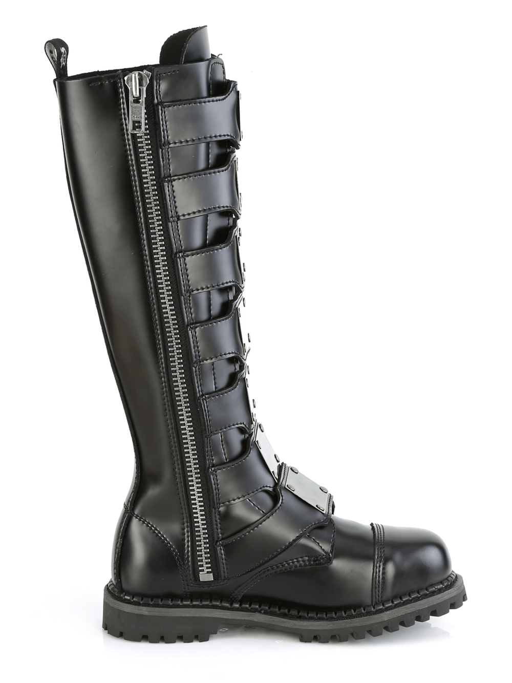 Demonia black leather knee boots with steel toe, featuring buckle straps and zipper for a punk-inspired look.