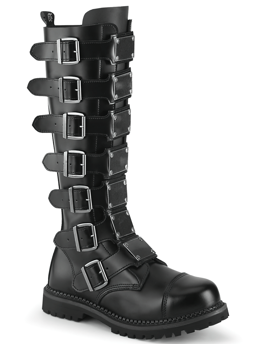 Demonia black leather knee boots with steel toe and multiple buckles, showcasing punk-inspired style.