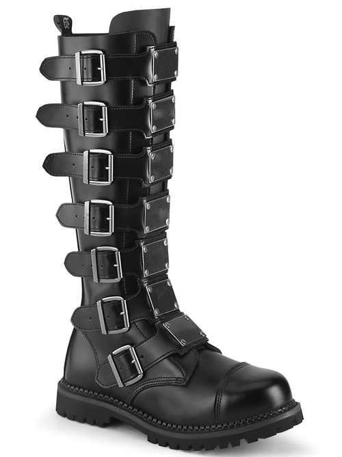 DEMONIA Botas hasta la rodilla con punta de acero y cuero negro con hebillas