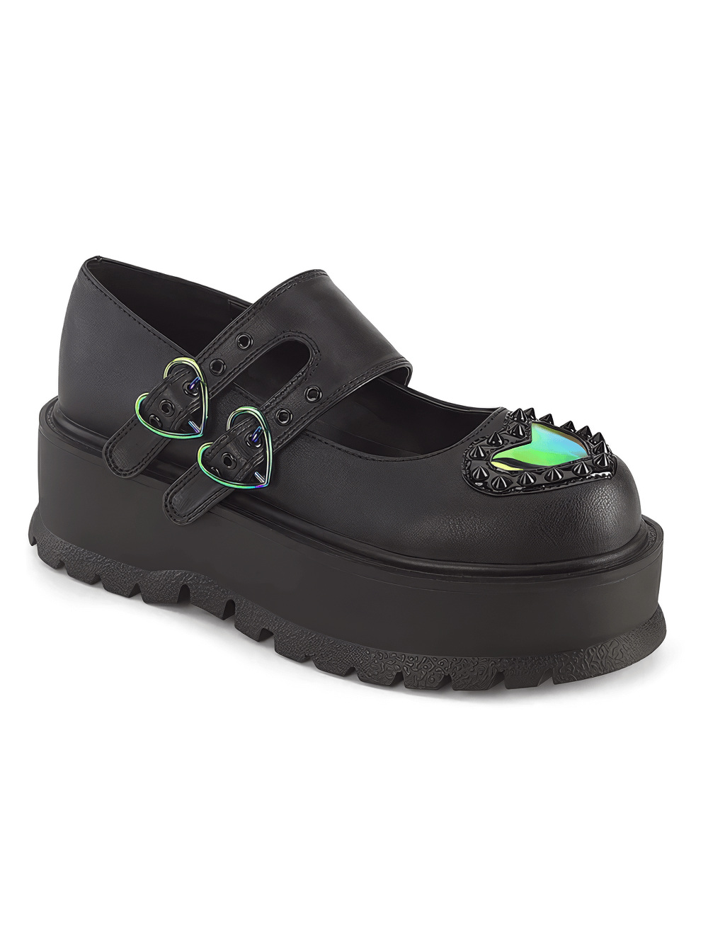 Daring black Mary Jane shoes with double heart buckles and cone spikes, featuring a stylish platform and edgy design.