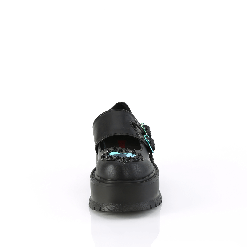 Demonia black Mary Jane shoes featuring heart buckle strap and cone spikes, perfect for edgy fashion lovers.