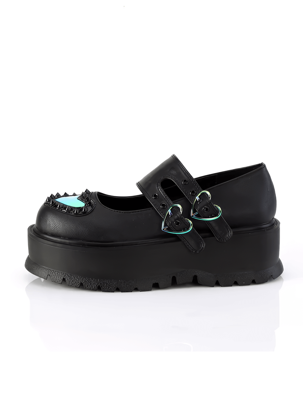 Daring black Mary Jane shoes with double heart buckle and cone spike studs, featuring a bold platform design.