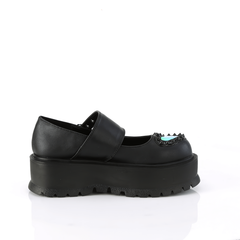 Edgy black leather Mary Jane shoes with heart buckle strap and cone spikes on 2-inch platform.