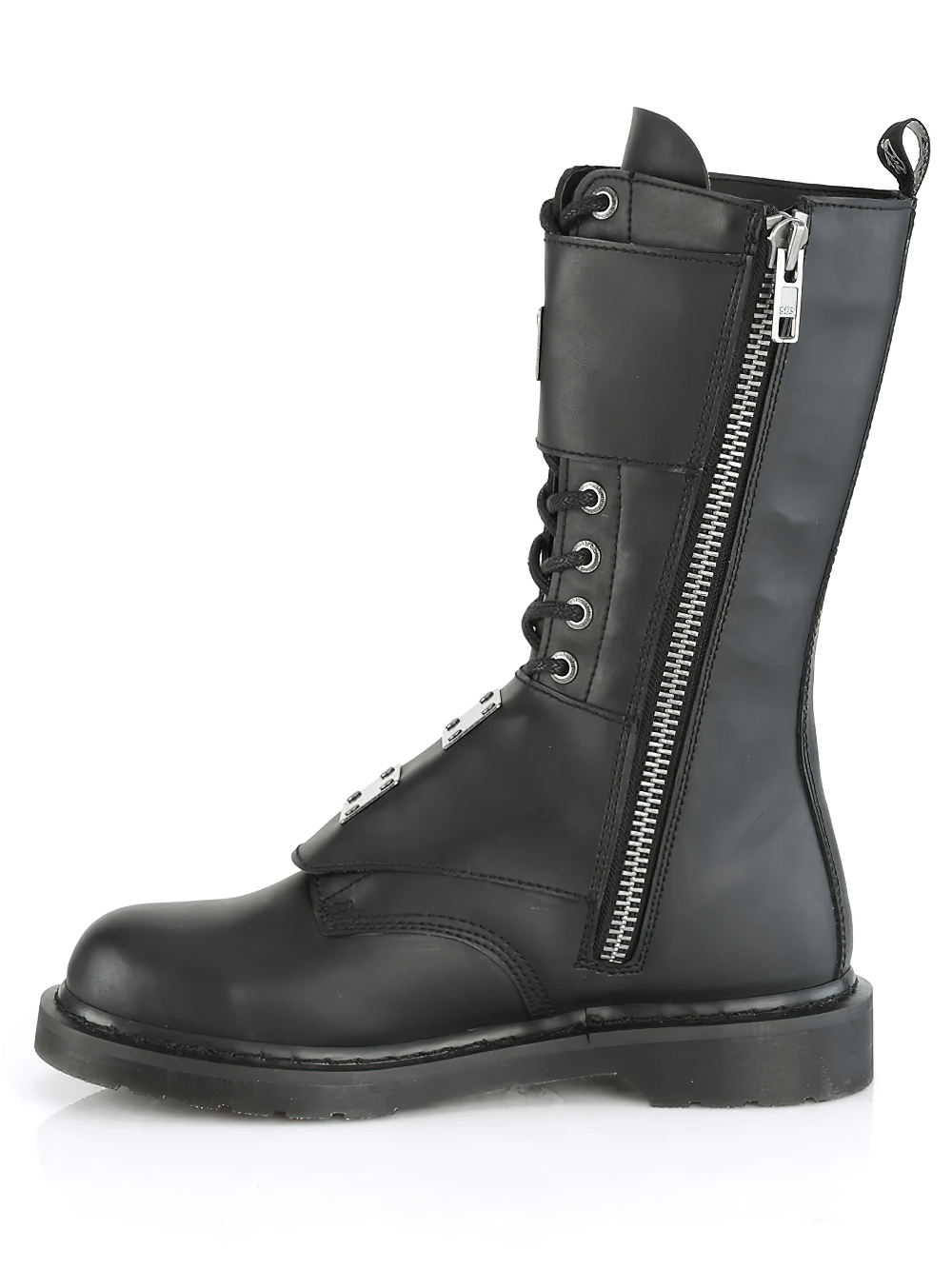 DEMONIA Black Mid-Calf Combat Boots with Metal Plate Detail