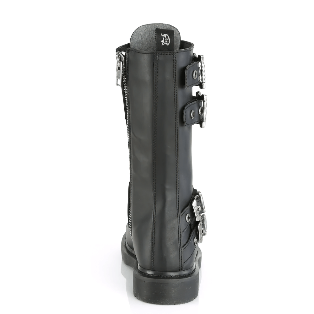 DEMONIA Black Mid-Calf Combat Boots with Metal Plate Detail