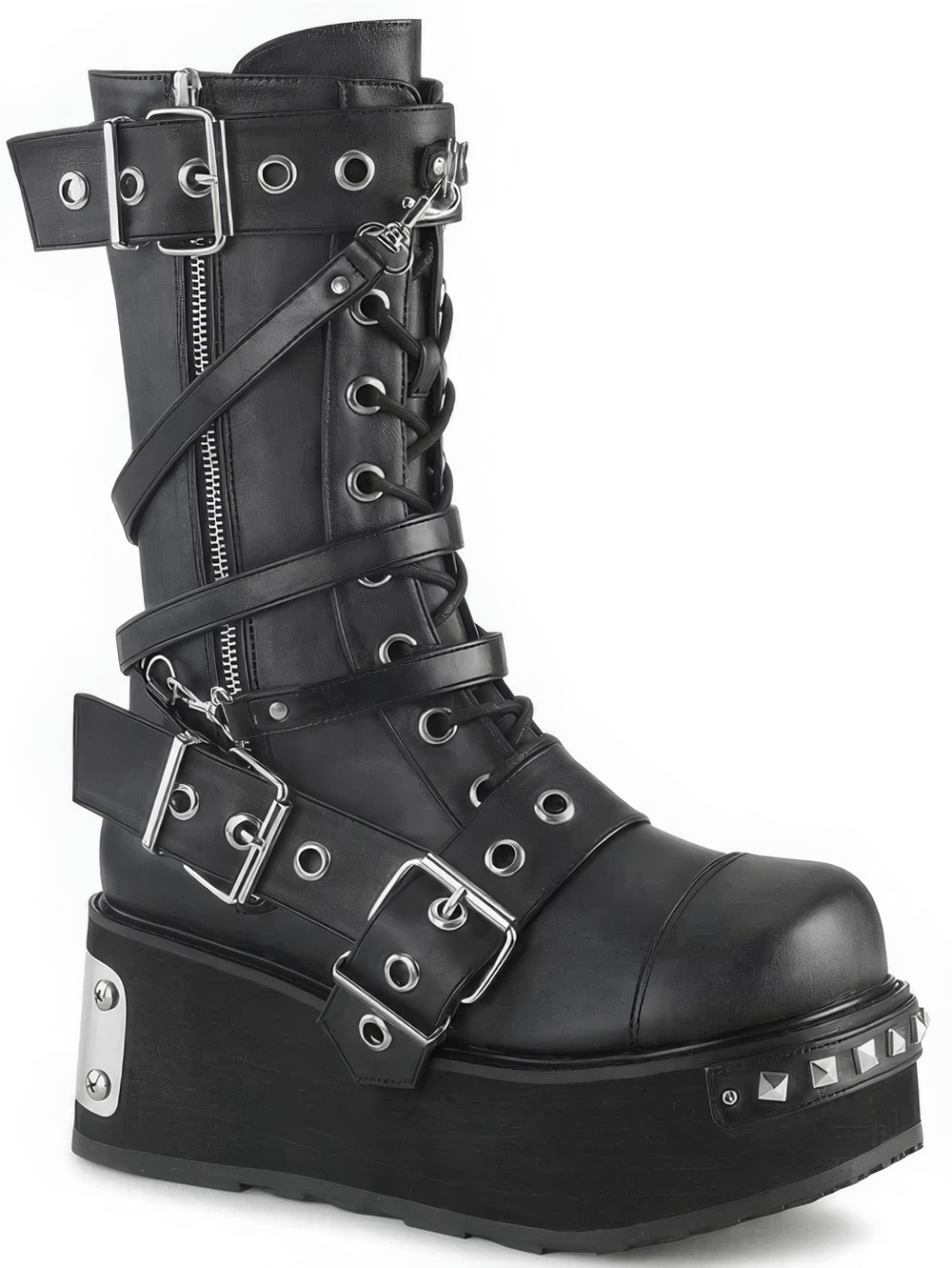 DEMONIA Black Mid-Calf Lace-Up Boots with Studs