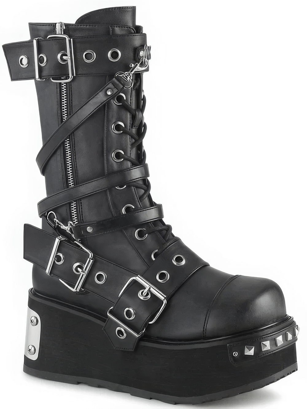 Demonia black mid-calf lace-up boots with studs and buckles, featuring a platform sole and zipper closure.