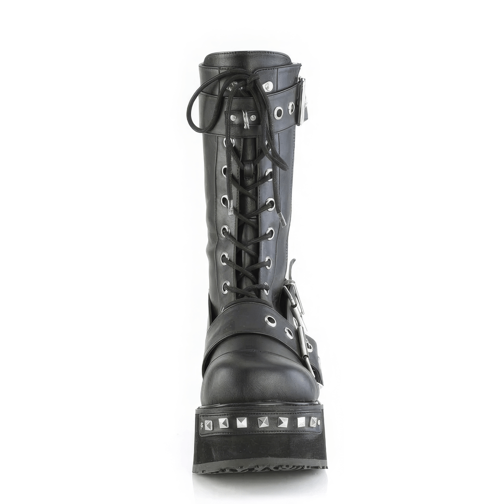 Demonia black mid-calf lace-up boots with studs and buckles, crafted in vegan leather, exuding rebel style.