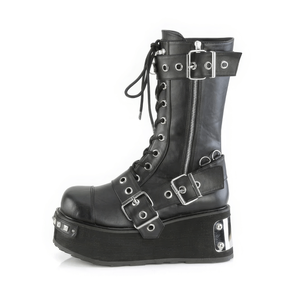 Demonia black mid-calf lace-up boots with studs, buckles, and a chrome metal platform for a fierce rebel look.