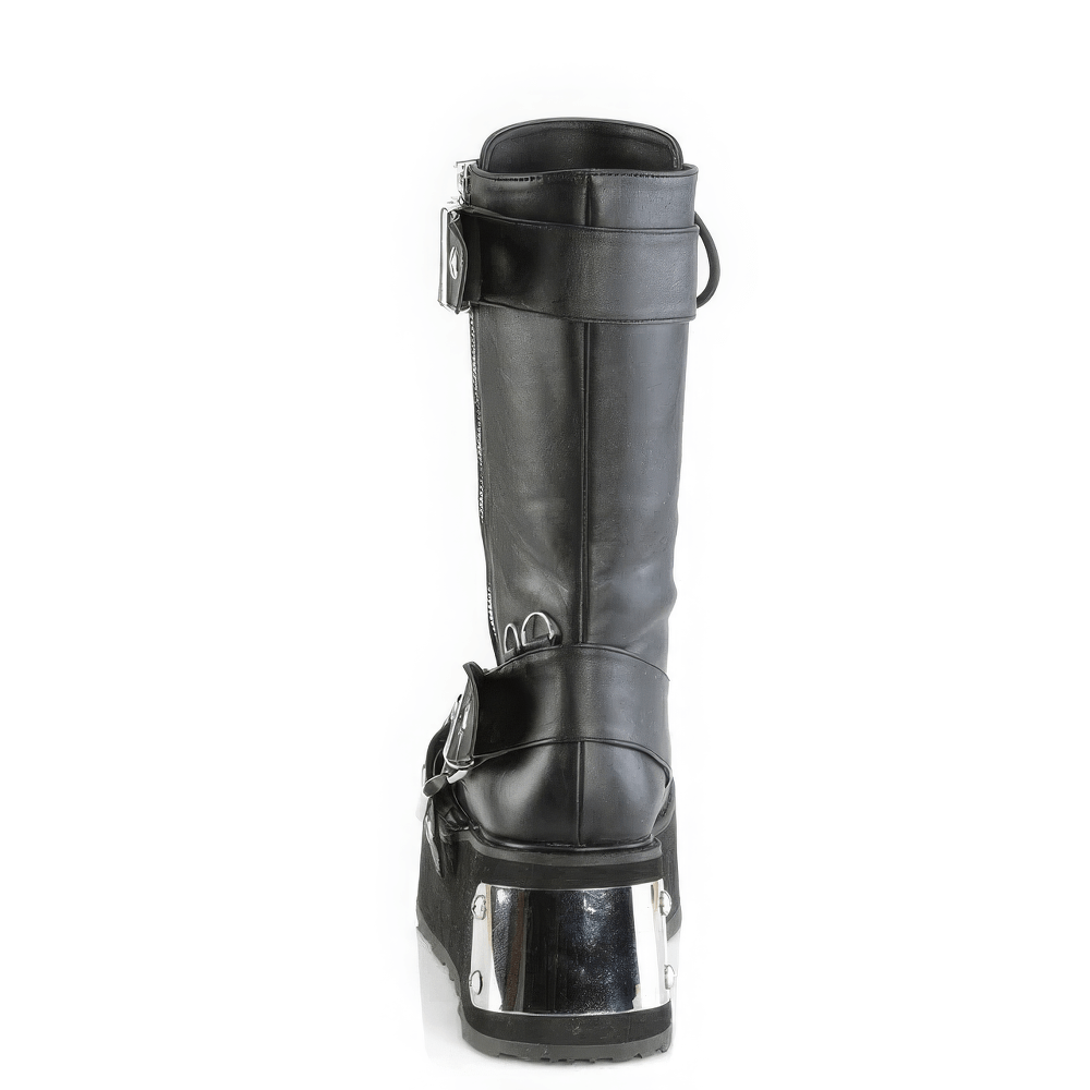 Back view of Demonia black mid-calf lace-up boots with studs and chrome plated platform for a bold style.