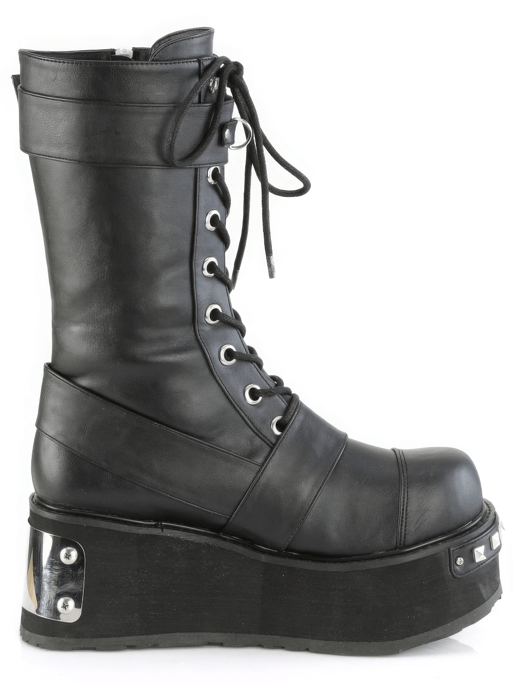 Demonia black mid-calf lace-up boots with studs and platform, featuring a sleek vegan leather design.