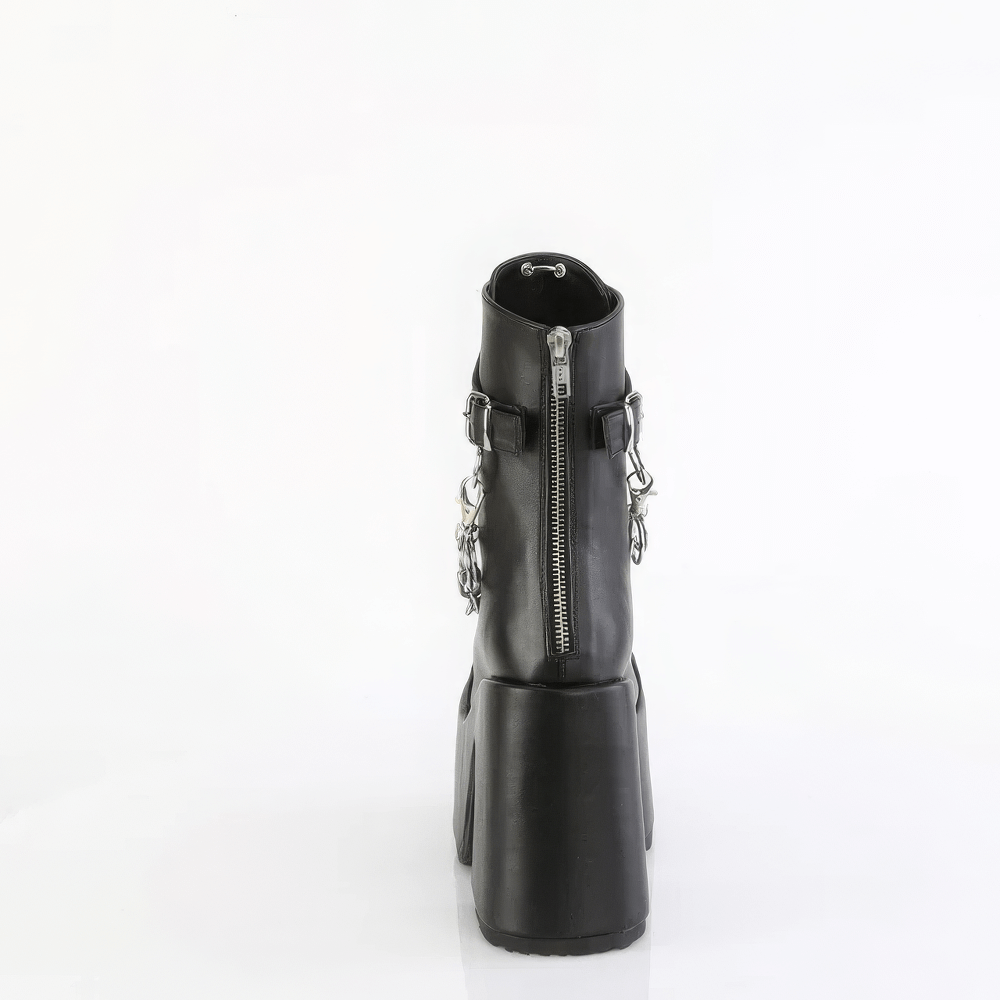 Back view of DEMONIA black mid-calf platform boots with chunky heel and removable chain detail.