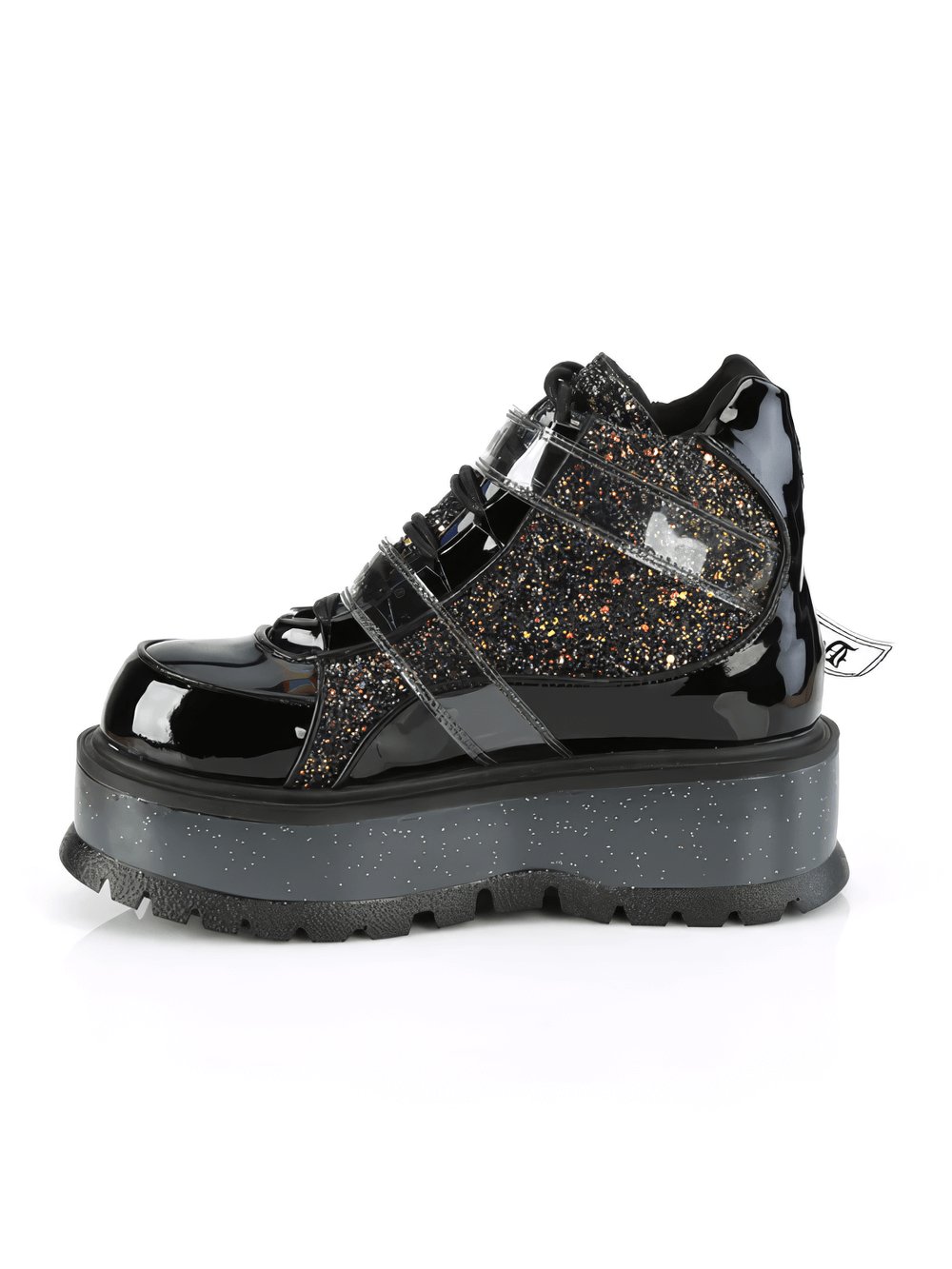 DEMONIA Black Multi-Glitter Ankle Boots with Snap Buckles