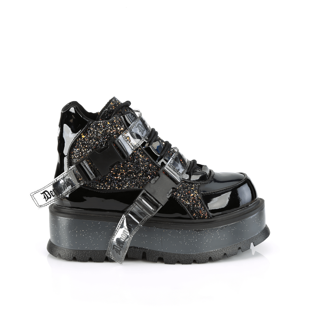 DEMONIA Black Multi-Glitter Ankle Boots with Snap Buckles
