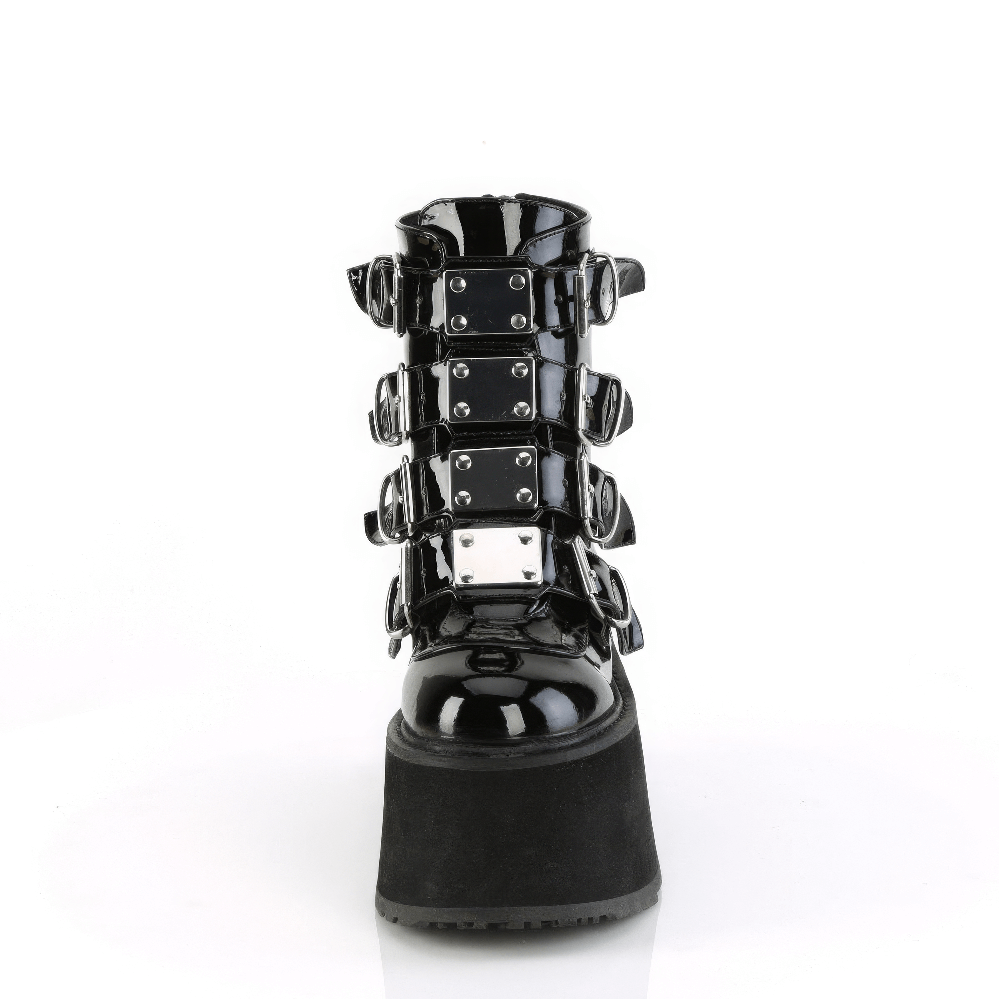 DEMONIA Black Patent Ankle Boots with Metal Straps