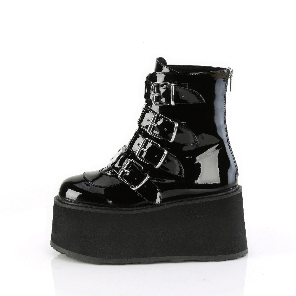 DEMONIA Black Patent Ankle Boots with Metal Straps