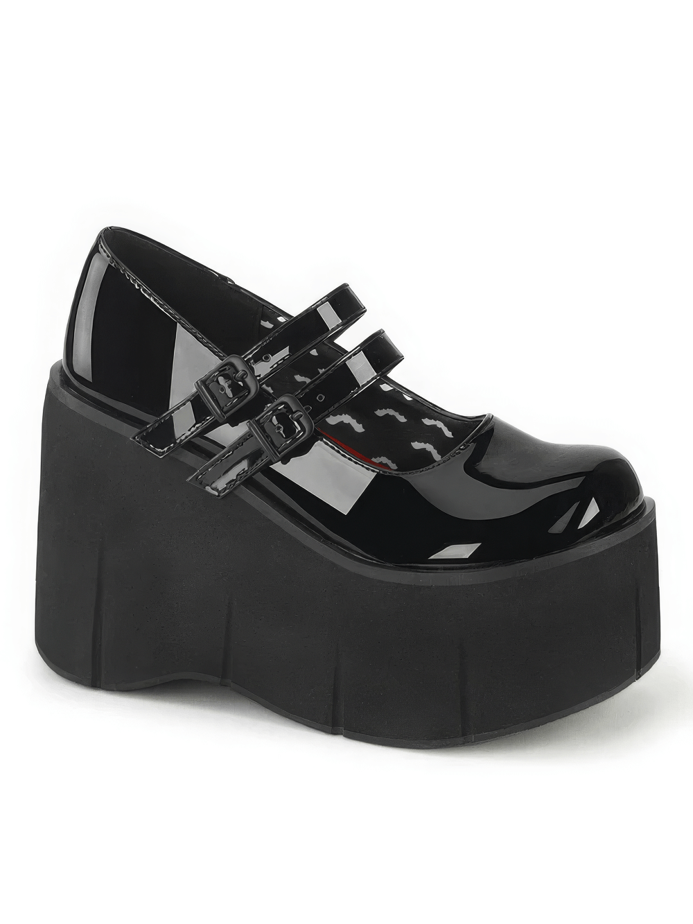 Trendy black patent double-strap platform Mary Janes with a bold 11.4cm heel for a stylish edge.